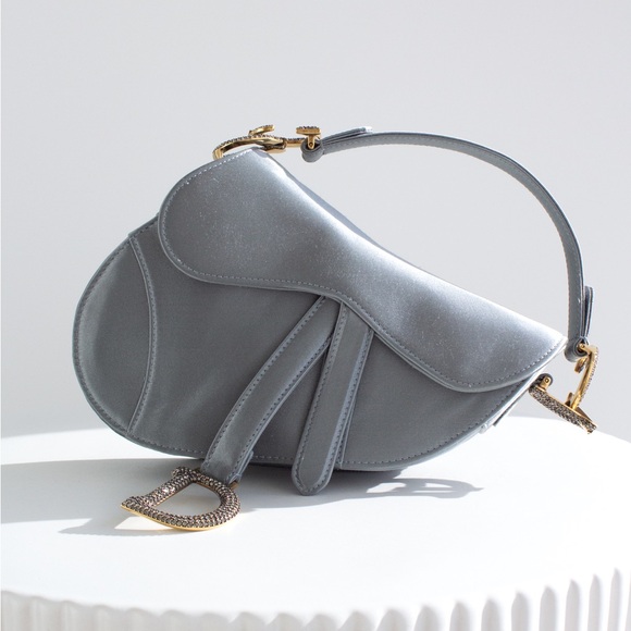 Dior Handbags - Dior Saddle 2019 Mini Satin Icy Blue Grey Crystal Embellished Bag